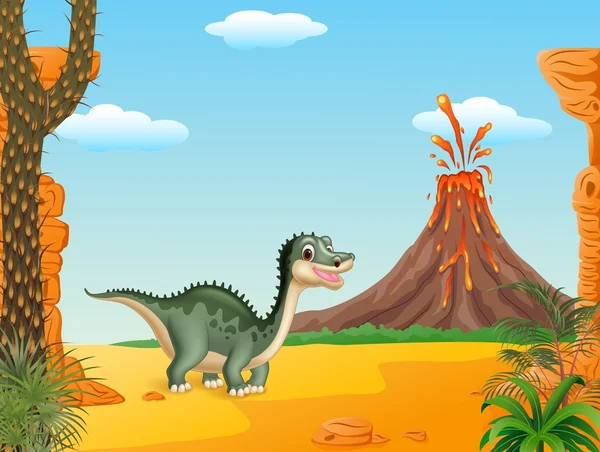 Мультфильм смешной динозавр с доисторическим фоном — стоковый вектор