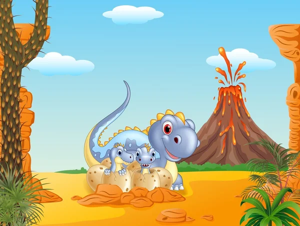 Dibujos animados feliz mamá dinosaurio y bebé dinosaurios eclosionando en el fondo prehistórico — Vector de stock
