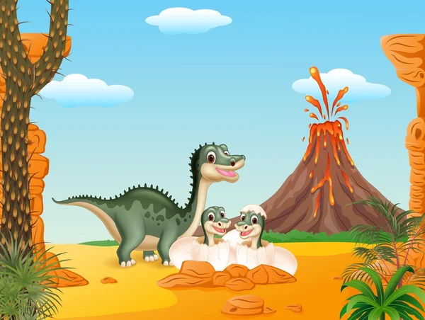 Cartoon sorriso mãe tiranossauro dinossauro e bebê dinossauros eclodindo com fundo pré-histórico —  Vetores de Stock