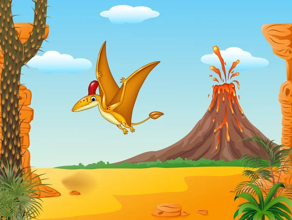 Cartone animato divertente pterodattilo volare con sfondo preistorico — Vettoriale Stock
