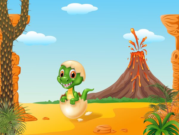 Мультфильм смешной ребенок тираннозавр вылупления с доисторическим фоном
