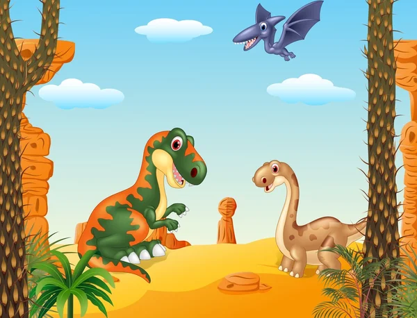 Cartoon glückliche Dinosaurier-Sammlung mit prähistorischem Hintergrund — Stockvektor