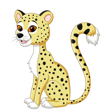 Komik leopar beyaz arka planda tek başına oturuyor.