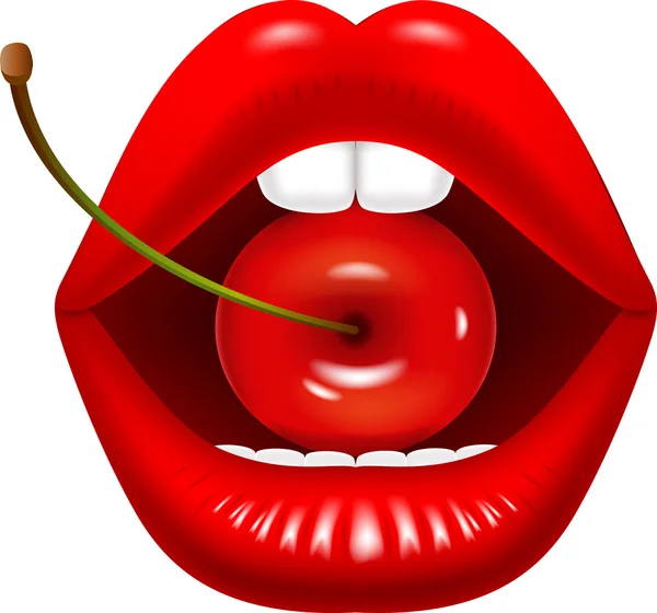 赤いサクランボを女性の口の漫画イラスト — ストックベクタ