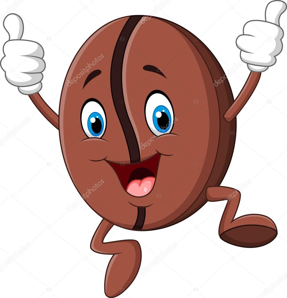 Illustration of jumping Coffee bean mascot giving thumb up