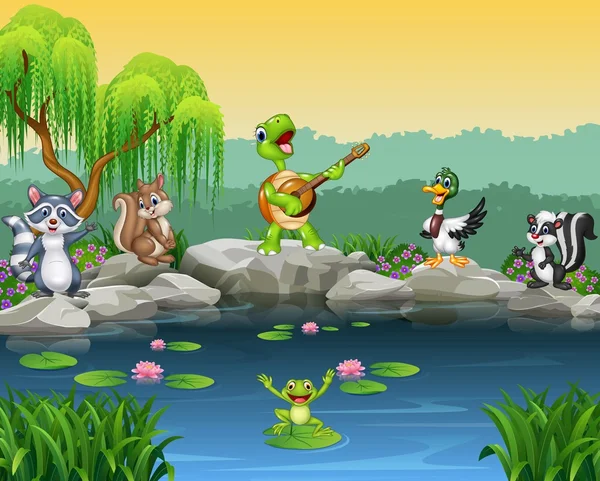 Cartoon gelukkige dieren zingen collectie — Stockvector
