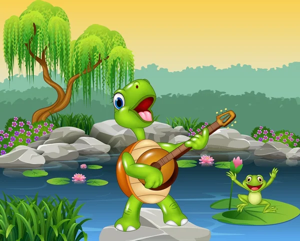 Tortue mignonne jouant de la guitare sur le rock — Image vectorielle