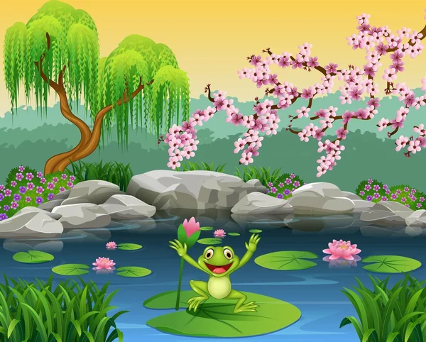 可爱的青蛙跳上百合水 — 图库矢量图片