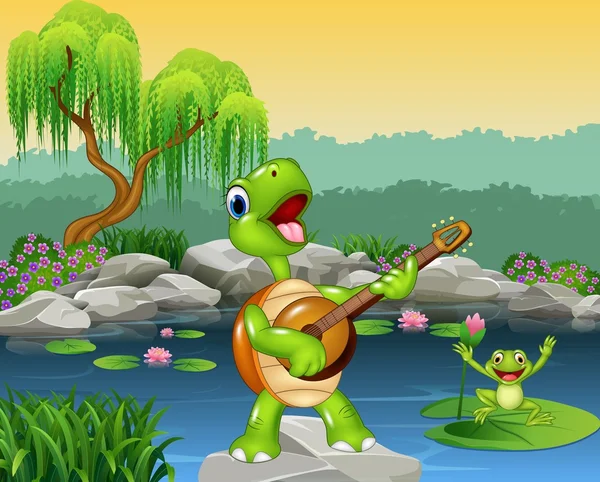 Cute turtle playing guitar on rock — Stock Vector
