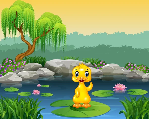 在莉莉的水面上挥舞着可爱的小宝贝鸭 — 图库矢量图片