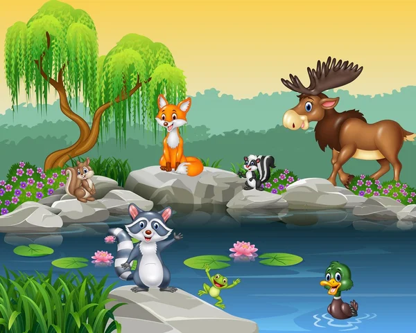 Dibujos animados divertida colección de animales en el hermoso fondo de la naturaleza — Vector de stock
