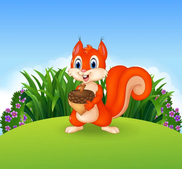 Petit écureuil mignon tenant écrou — Image vectorielle