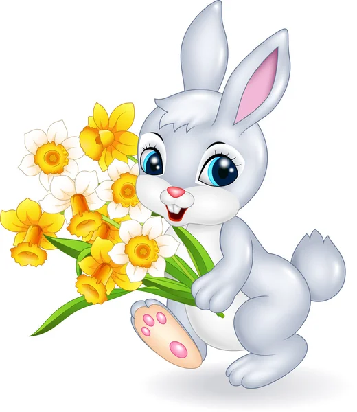 美しい花を保持しているかわいいウサギ — ストックベクタ