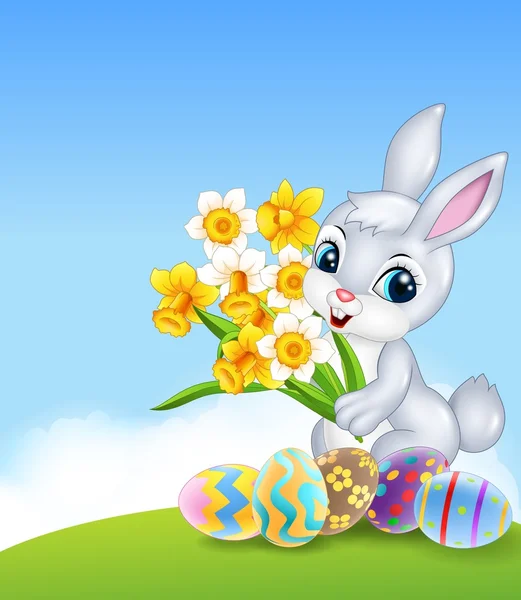 Cartoon happy bunny bedrijf bloem met kleurrijke paaseieren — Stockvector