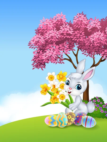 Coelho dos desenhos animados segurando flor com ovos de Páscoa coloridos — Vetor de Stock