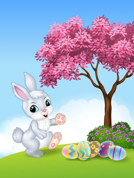 Lindo conejito de Pascua caminando con coloridos huevos de Pascua — Archivo Imágenes Vectoriales
