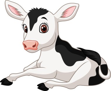 Beyaz arka plan üzerinde izole karikatür komik bebek inek oturma