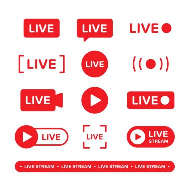 Set of video broadcasting and live streaming icon. Vector illustration designed in red. Premium vector clipart