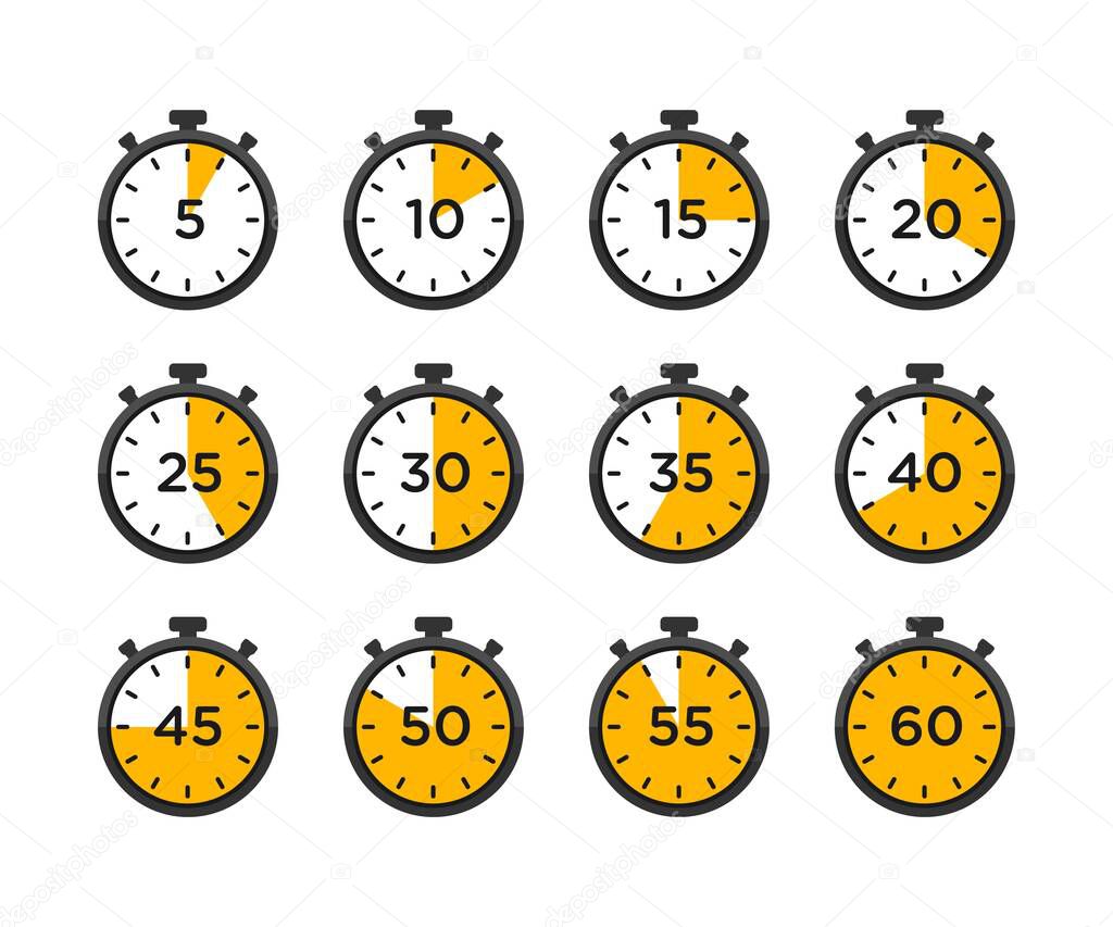 Set of timer and stopwatch icons. timer icon with different minutes