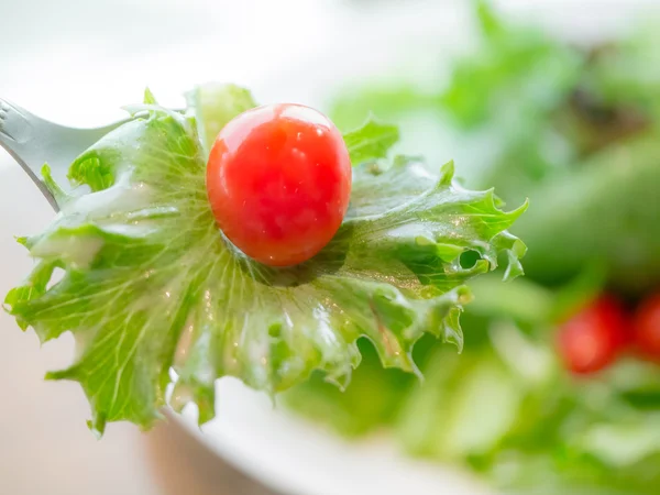 Tomato with vegetable on silver spoon over salad plate — Stock Photo, Image