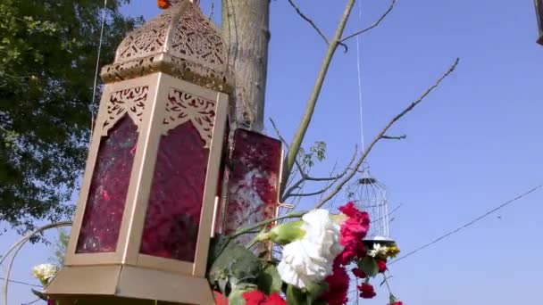 Dekorativní Kus Zavěšený Květinami Nitěmi Stromu — Stock video