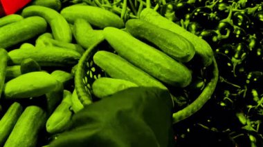 Küçük bir sepet çerçevenin ortasında birkaç taze yeşil salatalık tutar. Sepetin etrafında çok daha fazla salatalık ve küçük, koyu mor patlıcan var..