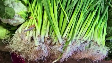 Beyaz köklü taze soğan ve karnabahar başıyla birlikte uzun saplı yakın çekim. Yerel bir markette canlı, organik sebze dokularını gösteren yüksek açılı bir çekim..