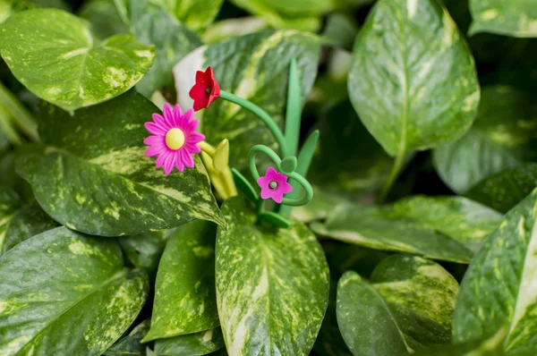 Три фальшивых цветка в настоящем саду — стоковое фото