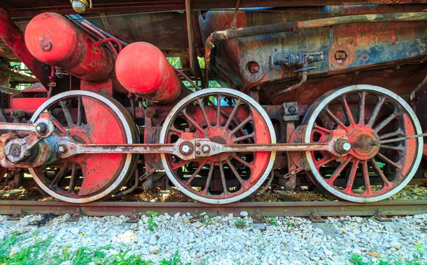 Red train wheels. Vintage steam locomotive parts