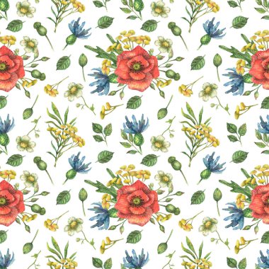 Haşhaşın, diğer bitki ve yaprakların parlak, kırmızı kır çiçeklerinin sulu boya deseni..