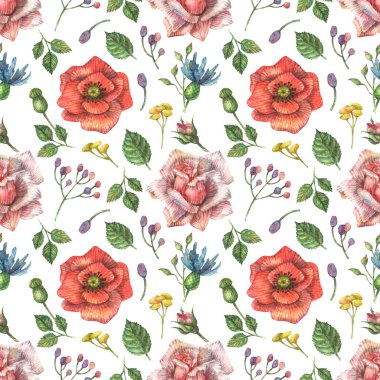 Haşhaştan, pembe güllerden ve diğer bitki ve yapraklardan oluşan kusursuz botanik desenli suluboya..