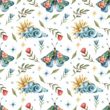 Çiçekler, yıldızlar, bulutlar, güneş ve yaprakların yanı sıra mavi renkli kelebek kız resimleriyle kusursuz suluboya deseni. Gerçekçilik tarzında..