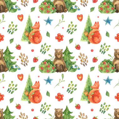 Suluboya kusursuz desen. Ormanın ve tatlı orman hayvanlarının ayı ve tilki tasviri.