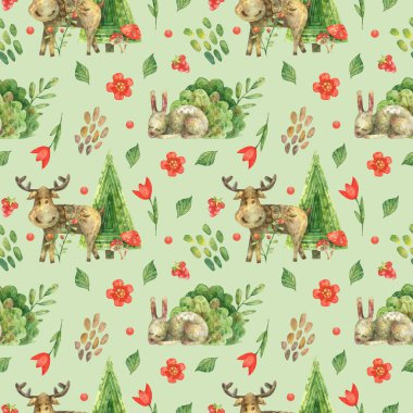 Suluboya kusursuz desen. Orman ve orman hayvanları (geyik, tavşan) tasviri).