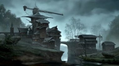 Fantezi akan dere üzerinde bina.