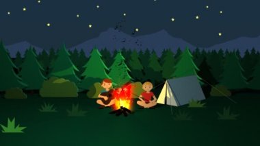 Kamp ateşi kavurma marshmallow sopalarla çocuklar