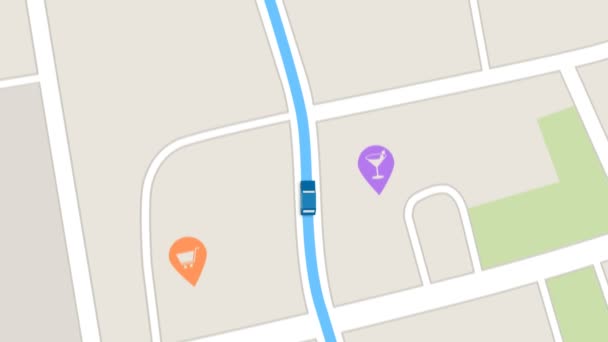 voiture bleue comme il suit un itinéraire généré par GPS le long des rues de la ville 