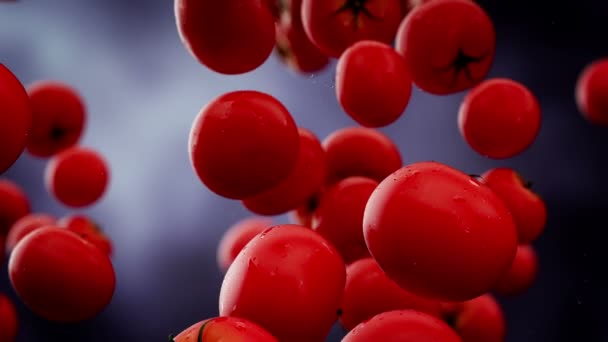 Aşağı düşen su damlaları ile domates — Stok video