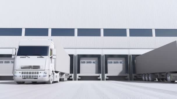3D animace vykládání nákladu od kamionu do skladu. — Stock video