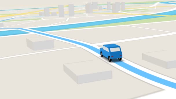 Blue car as it follows a route generated by GPS along city streets — Stock Video