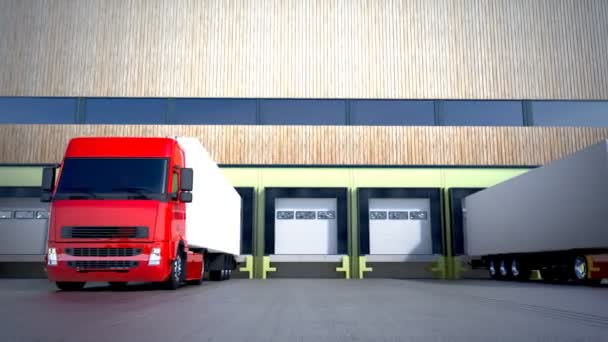 3D-animatie van lossen lading van vrachtwagen naar magazijn. — Stockvideo