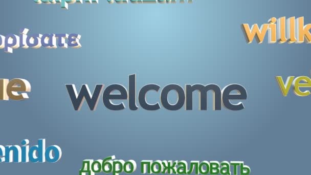 Bienvenida y muchos idiomas saludos — Vídeo de stock