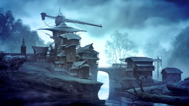 Fantasy edificio sopra torrente che scorre . — Video Stock