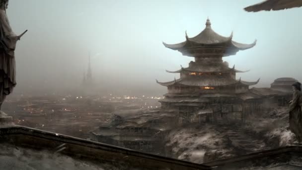 Kuil Asia dikelilingi oleh pemandangan murung — Stok Video