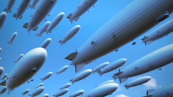 Stora flotta av airships, luftskepp eller luftskepp i en ljus himmel — Stockvideo