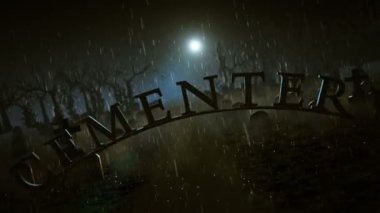 Ay ışığının aydınlattığı bir yağmurlu gece tabelada mezarlığı