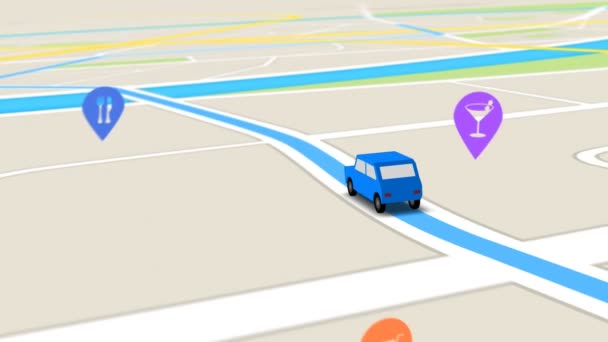 Auto blu come segue un percorso generato dal GPS lungo le strade della città — Video Stock