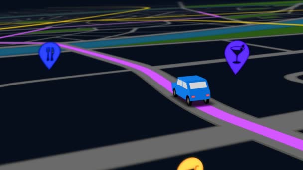 voiture bleue comme il suit un itinéraire généré par GPS le long des rues de la ville 