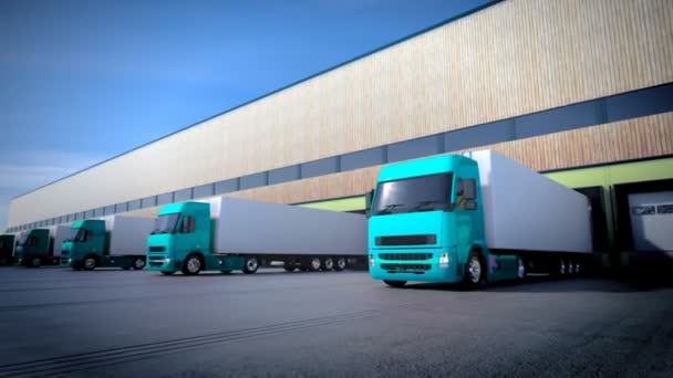 3D animace vykládání nákladu od kamionu do skladu.