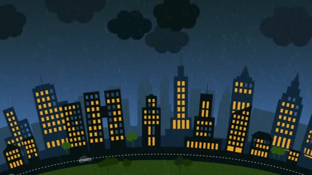 Miasto z skycrapers w burzliwej nocy — Wideo stockowe